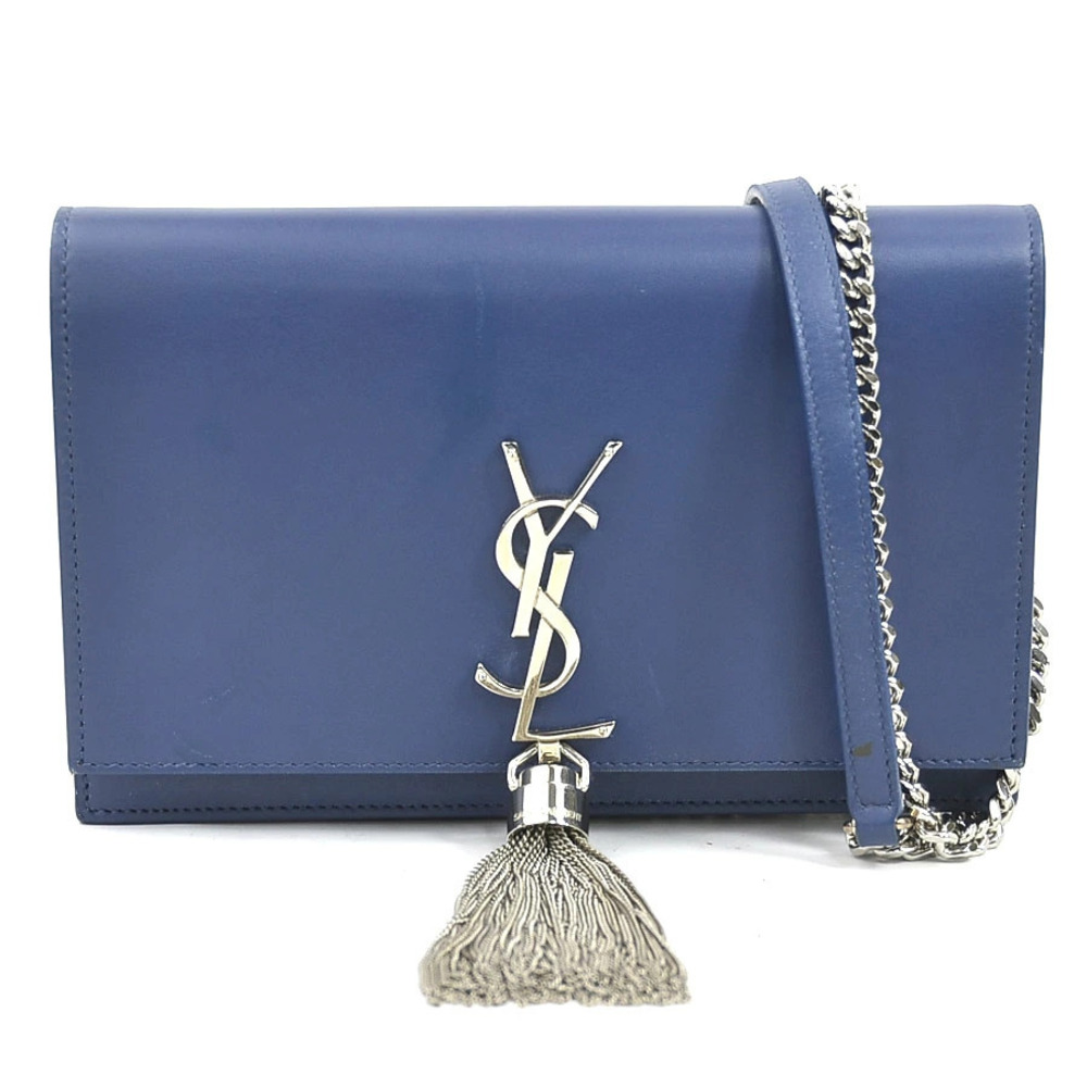 Saint Laurent Crossbody Bag Chain Wallet Leather Metal Navy Blue Silver